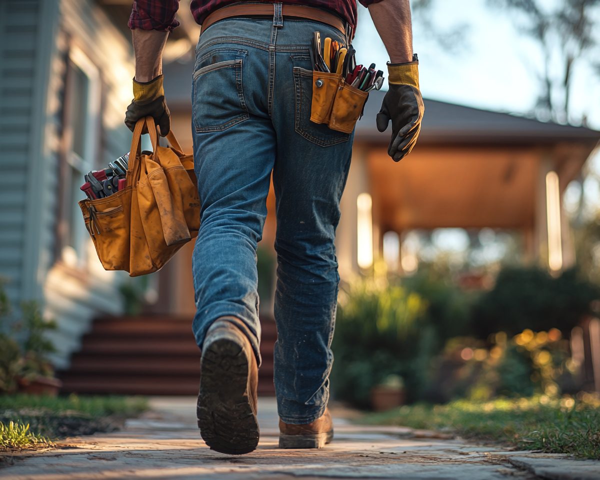 Tradesman walking toward house carrying tool bag and wearing work gloves and tool belt