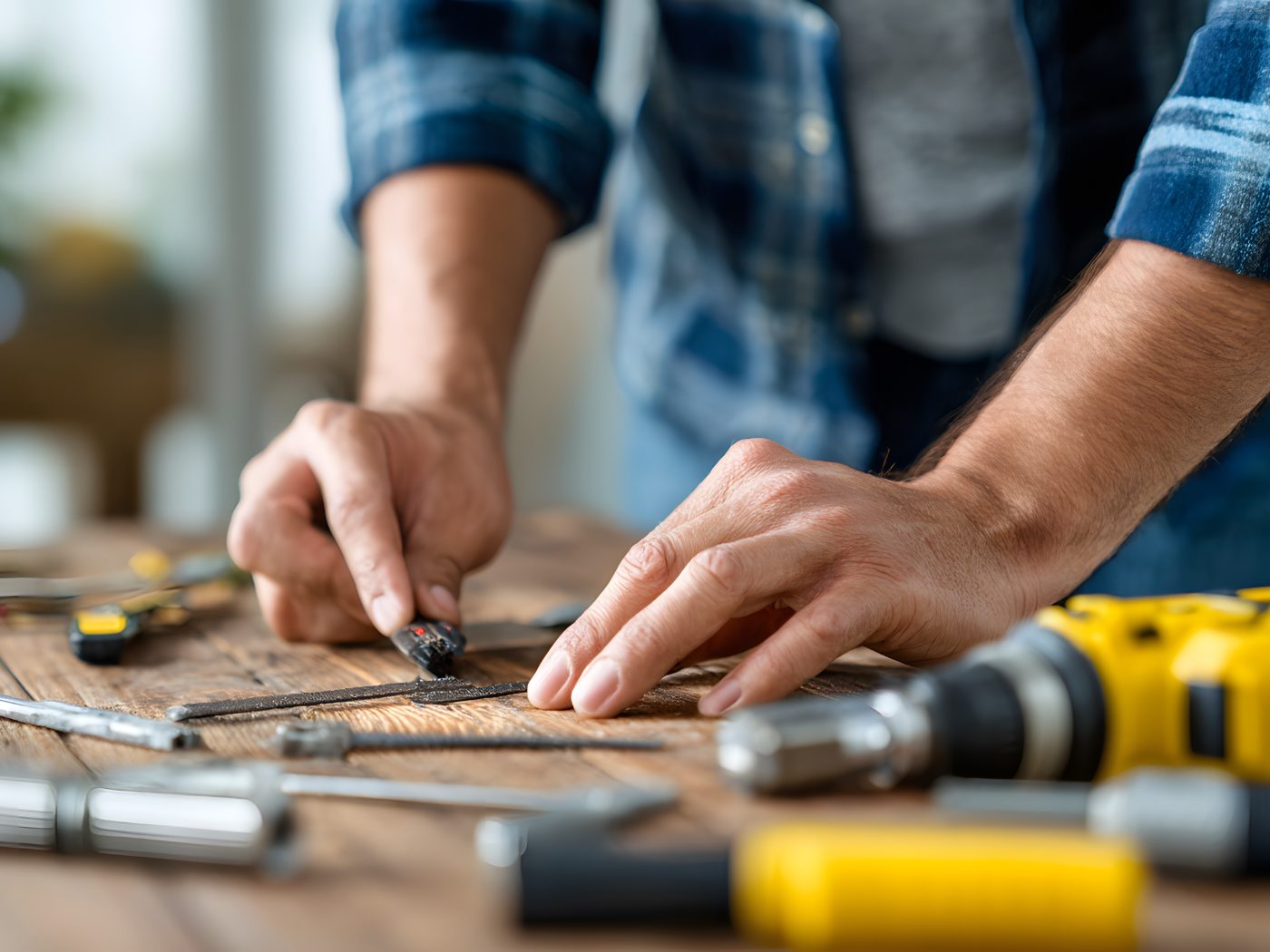 Craftsman's hands marking wood with pencil during construction work with tools nearby