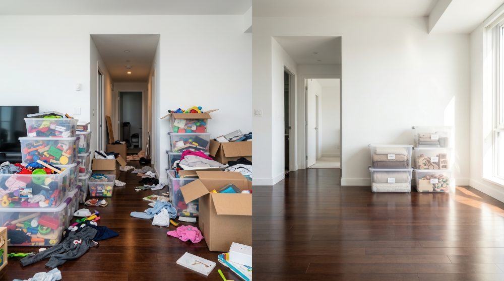 Before and after comparison of cluttered room transformed into organized space with storage bins