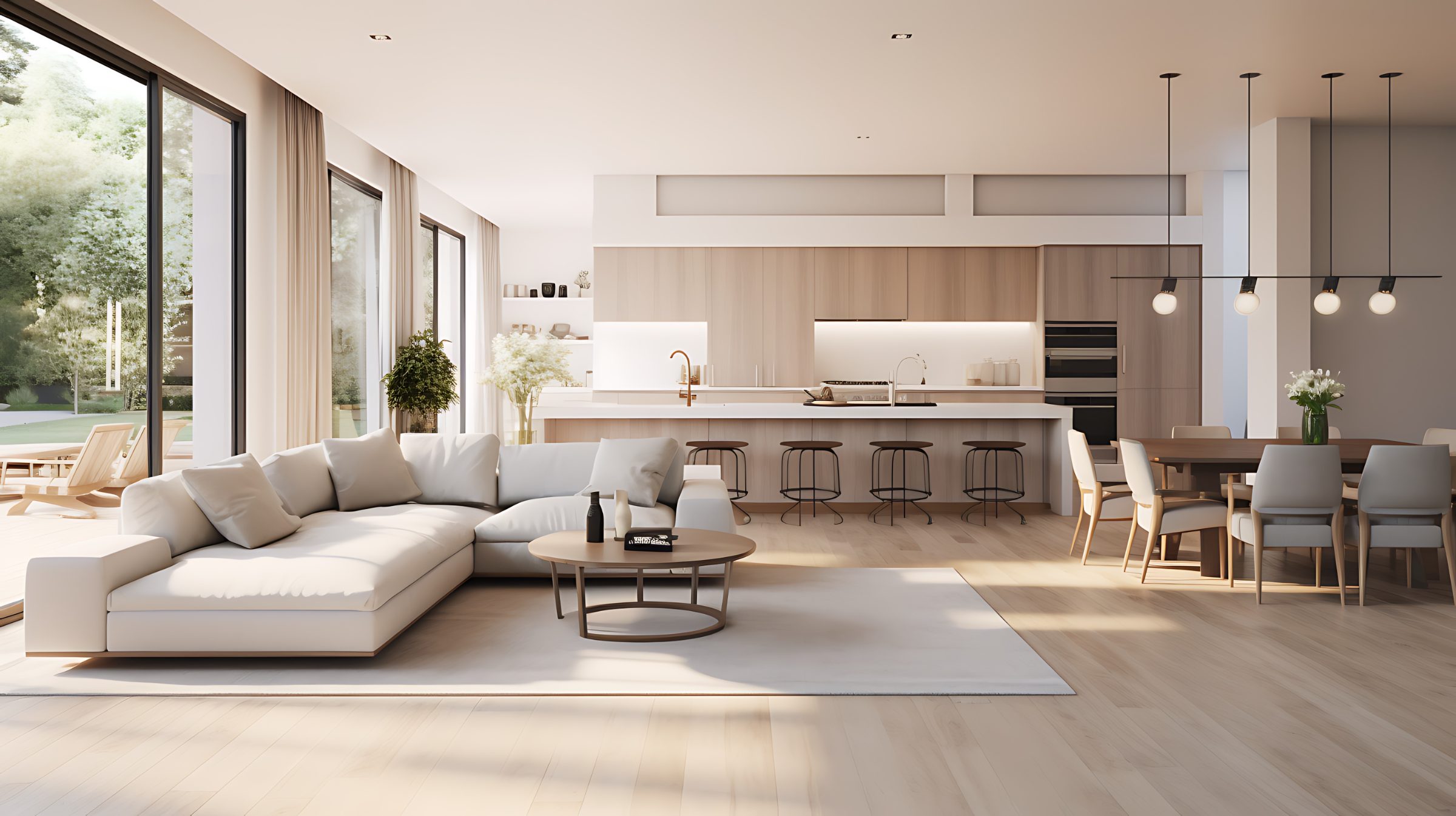 Modern open-concept home with cream sofa, kitchen island, dining area, and large windows overlooking garden