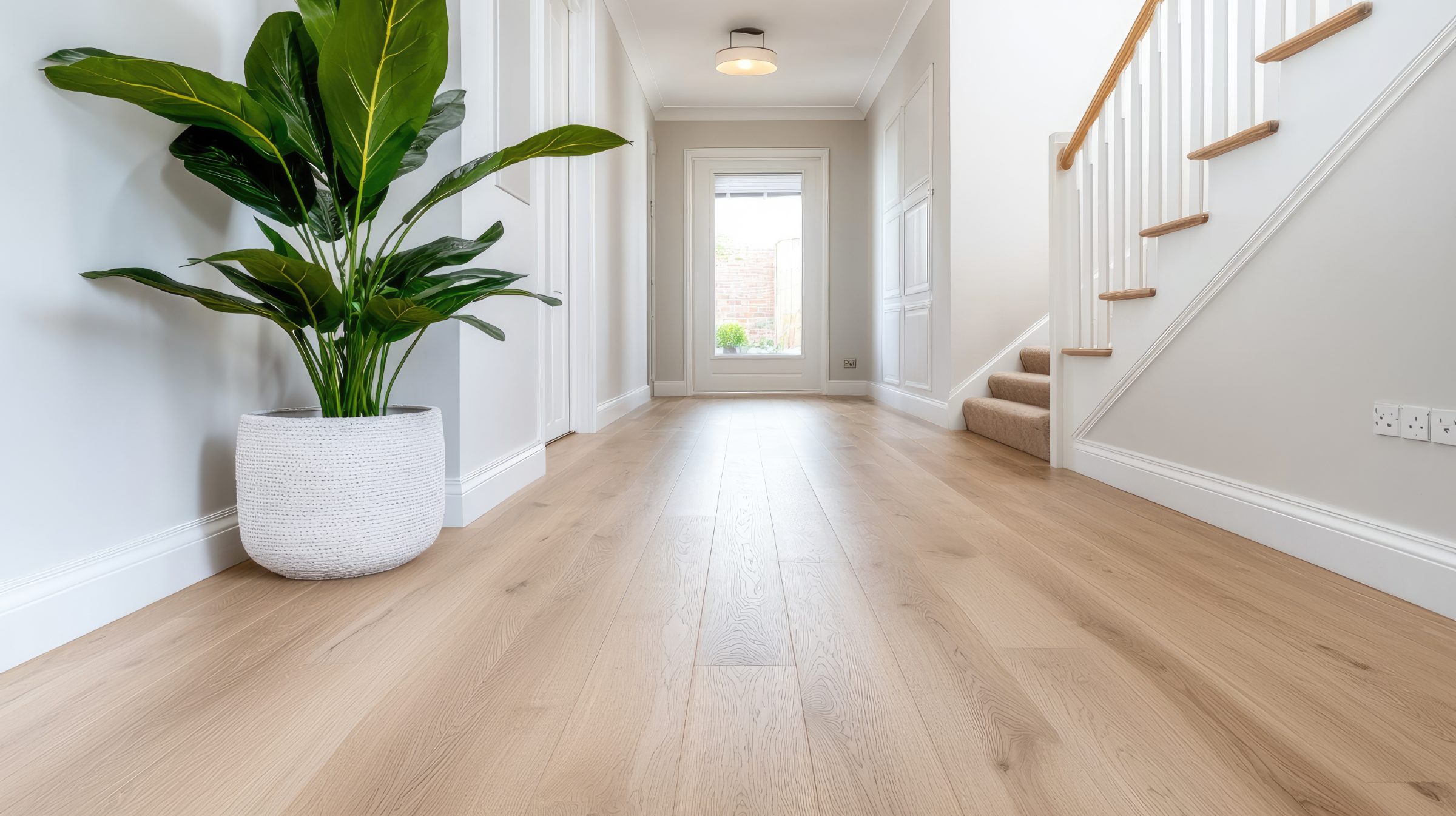 Modern hallway with light wood flooring, white walls, staircase with wooden handrail, and potted plant