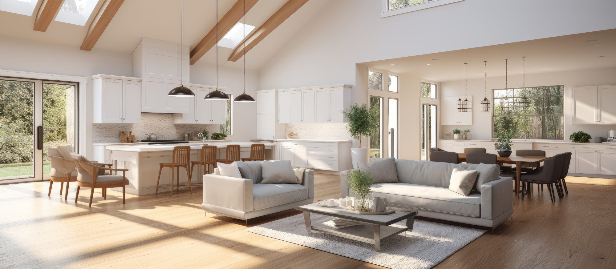Modern open-concept living space with white cabinetry, gray sofas, wooden beams, and natural light from skylights