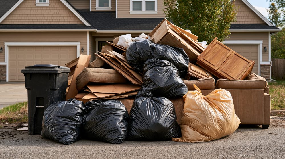 Pile of household waste including furniture, cardboard boxes, and black trash bags on residential driveway