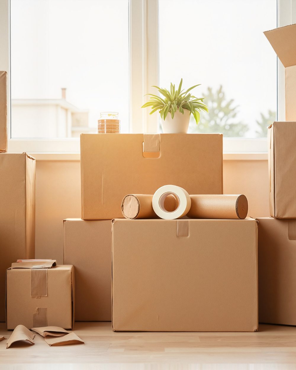 Moving boxes stacked by a window with packing tape, cardboard tubes, and a potted plant