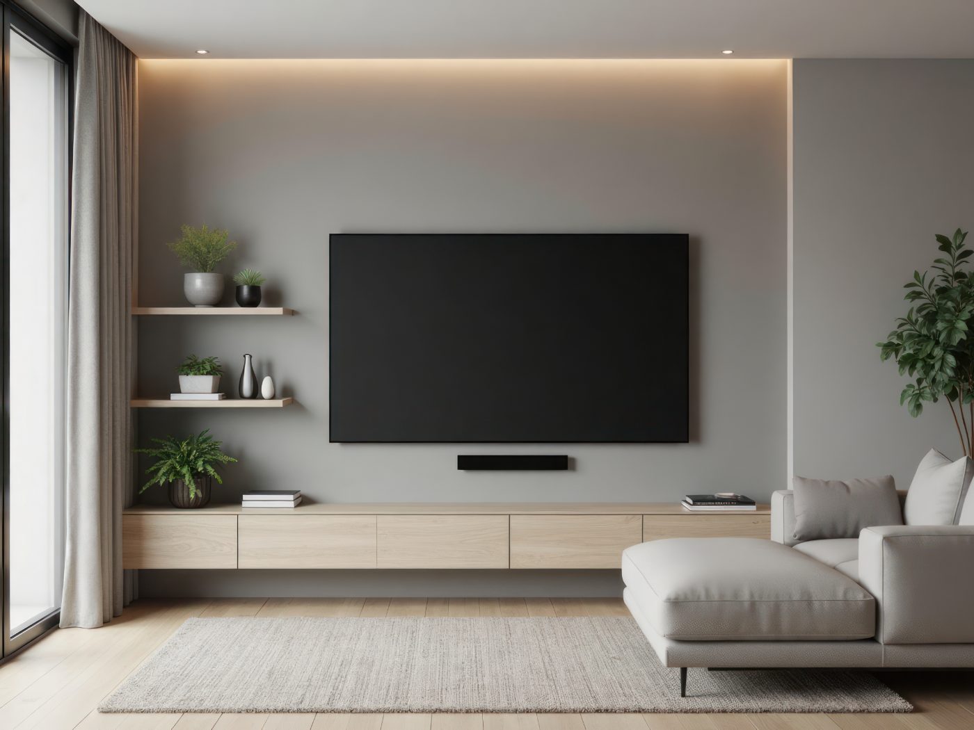 Modern living room with wall-mounted TV, wooden shelves, plants, and beige sofa